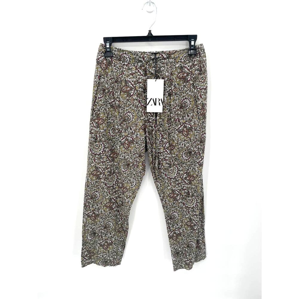 ZARA NWT Casual Olive Green Floral Print Elastic Waist Tie Waist Pants // XS
